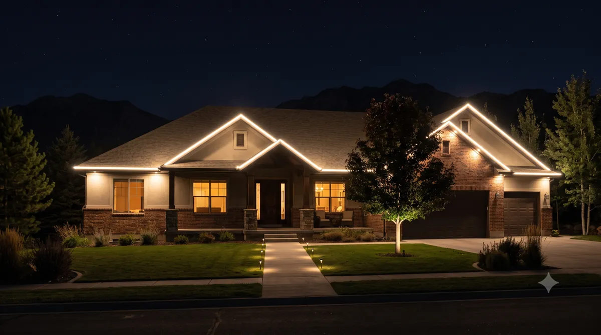 Single-story elegance — warm white on a wide rambler roofline