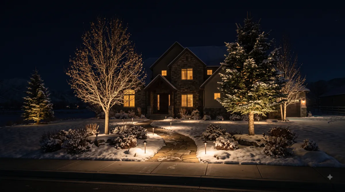 Landscape lighting — trees, paths, and garden beds glowing