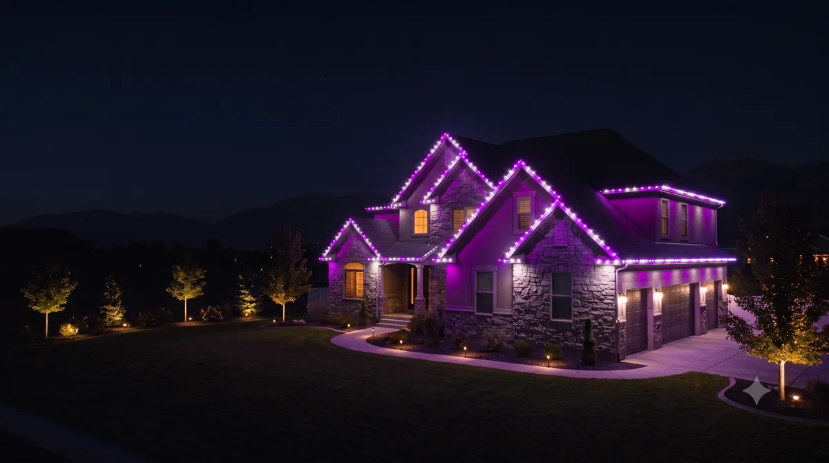 Full-property showcase — roofline, trees, and walkway as one system